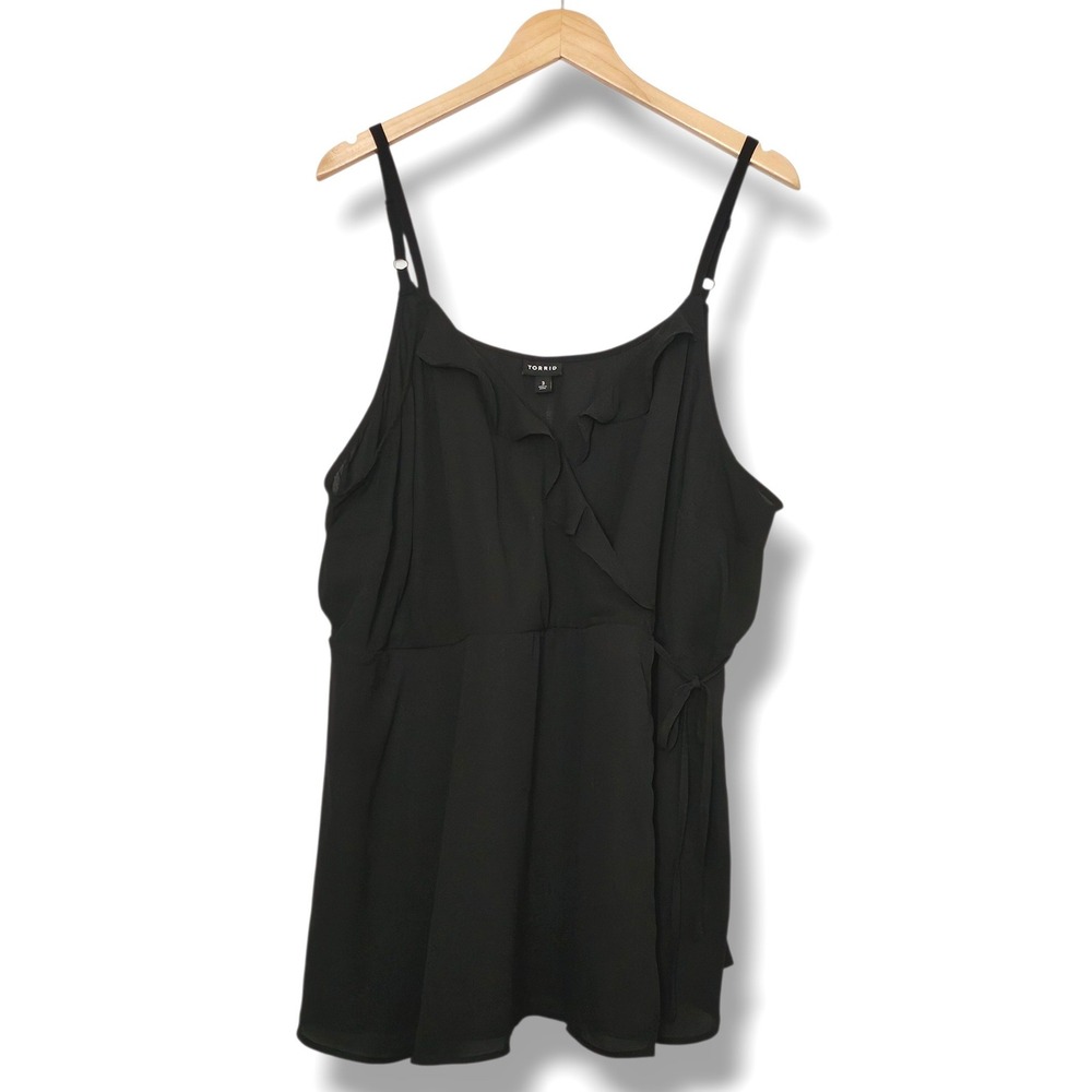 Torrid Cami Babydoll Tank Top 3X Womens Black Georgette Wrap Ruffle Tie Front